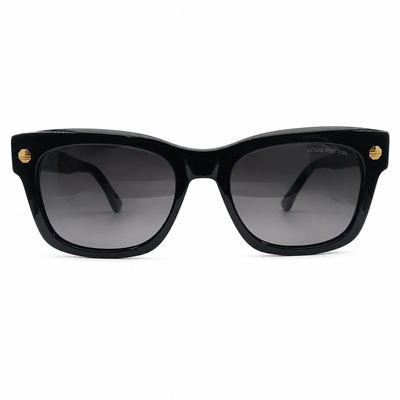 Louis Vuitton 1961 Luxury Square Sunglasses – Glossy Black Acetate with Gold LV Rivet Detail & Dark Grey Gradient UV Protection Lenses