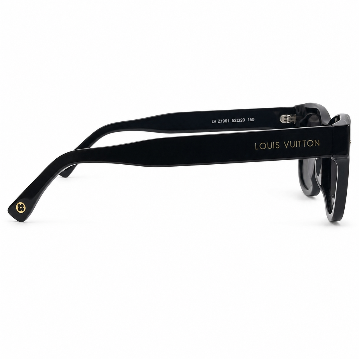 Louis Vuitton 1961 Luxury Square Sunglasses – Glossy Black Acetate with Gold LV Rivet Detail & Dark Grey Gradient UV Protection Lenses