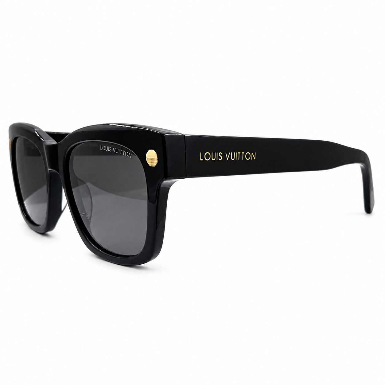 Louis Vuitton 1961 Luxury Square Sunglasses – Glossy Black Acetate with Gold LV Rivet Detail & Dark Grey Gradient UV Protection Lenses