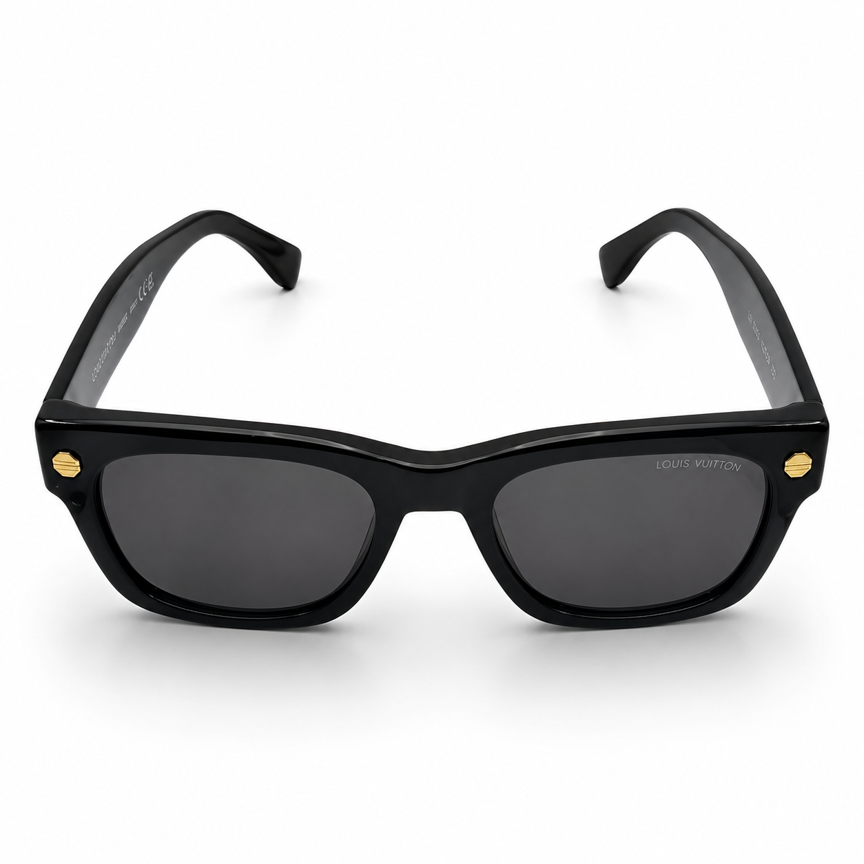 Louis Vuitton 1961 Luxury Square Sunglasses – Glossy Black Acetate with Gold LV Rivet Detail & Dark Grey Gradient UV Protection Lenses