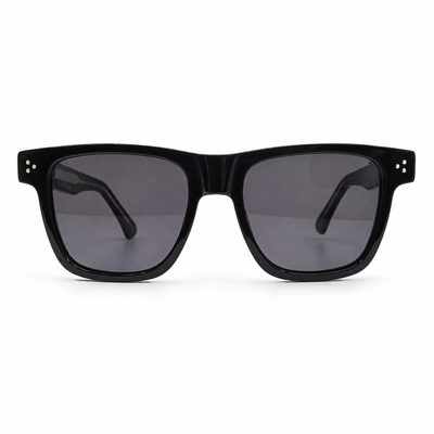 Louis Oliver People 5444 Luxury Square Sunglasses for Men – Glossy Black Acetate with Silver Three-Dot Rivets & Dark Grey UV400 Protection Lenses