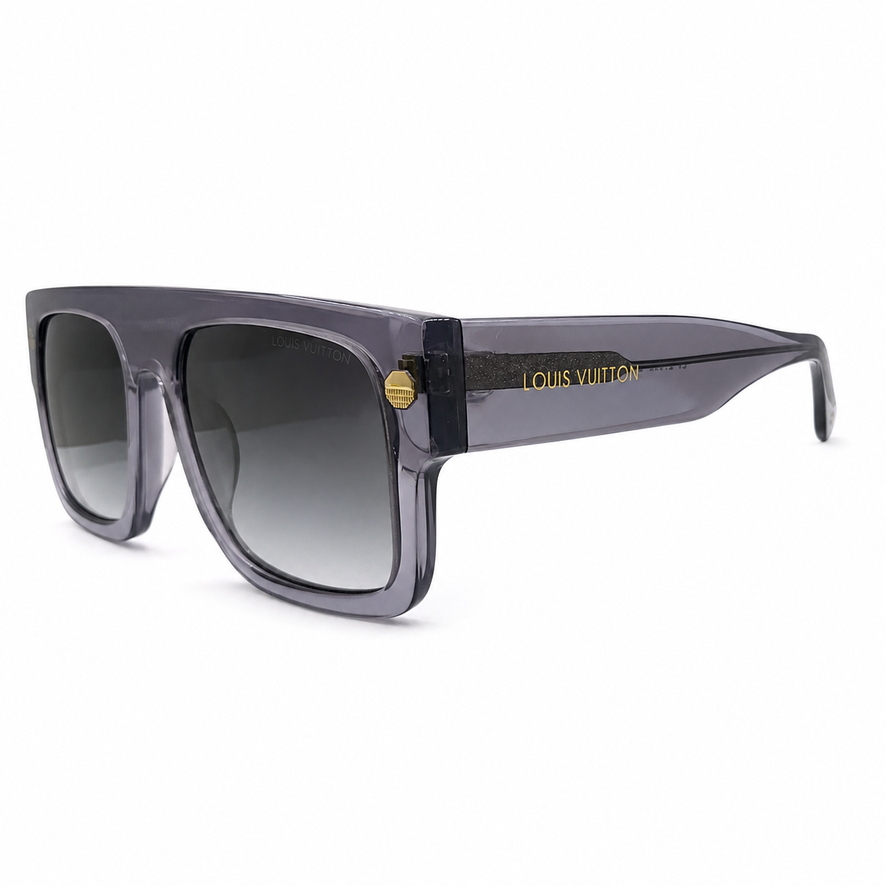 Louis Vuitton 1953 Luxury Flat Top Sunglasses – Transparent Grey Acetate with Gold LV Rivet Detail & Grey Gradient UV Protection Lenses