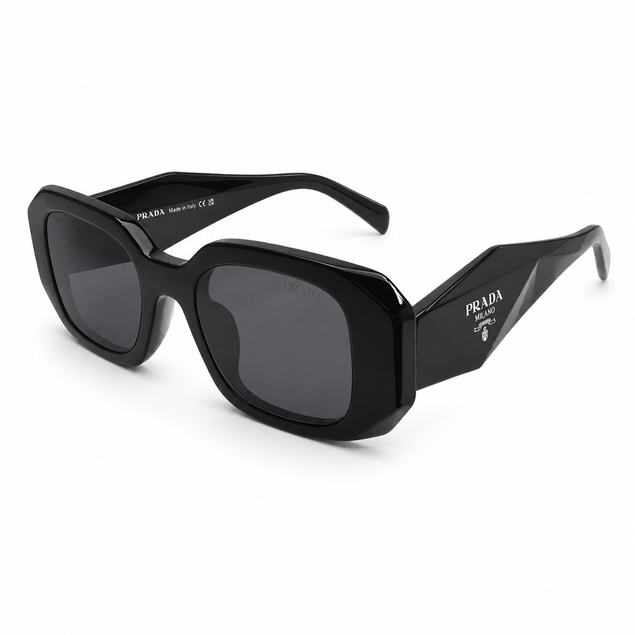 Prada 17WS Luxury Rectangle Sunglasses for Women – Premium Glossy Black Acetate with Bold Geometric Temples & Dark Grey UV400 Protection Lenses
