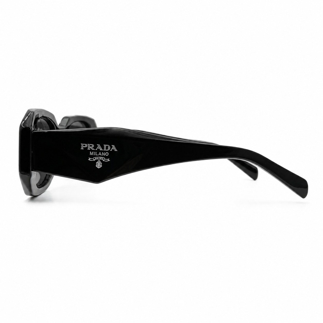 Prada 17WS Luxury Rectangle Sunglasses for Women – Premium Glossy Black Acetate with Bold Geometric Temples & Dark Grey UV400 Protection Lenses
