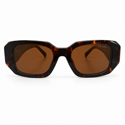Prada 17WS Luxury Rectangle Sunglasses for Women – Premium Glossy Black Acetate with Bold Geometric Temples & Dark Grey UV400 Protection Lenses