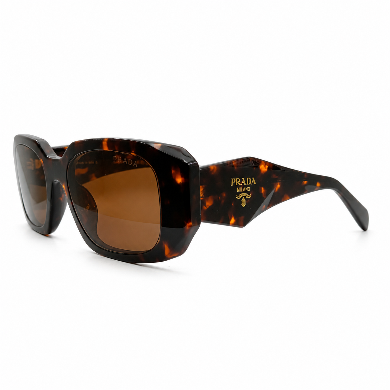 Prada 17WS Luxury Rectangle Sunglasses for Women – Premium Glossy Black Acetate with Bold Geometric Temples & Dark Grey UV400 Protection Lenses