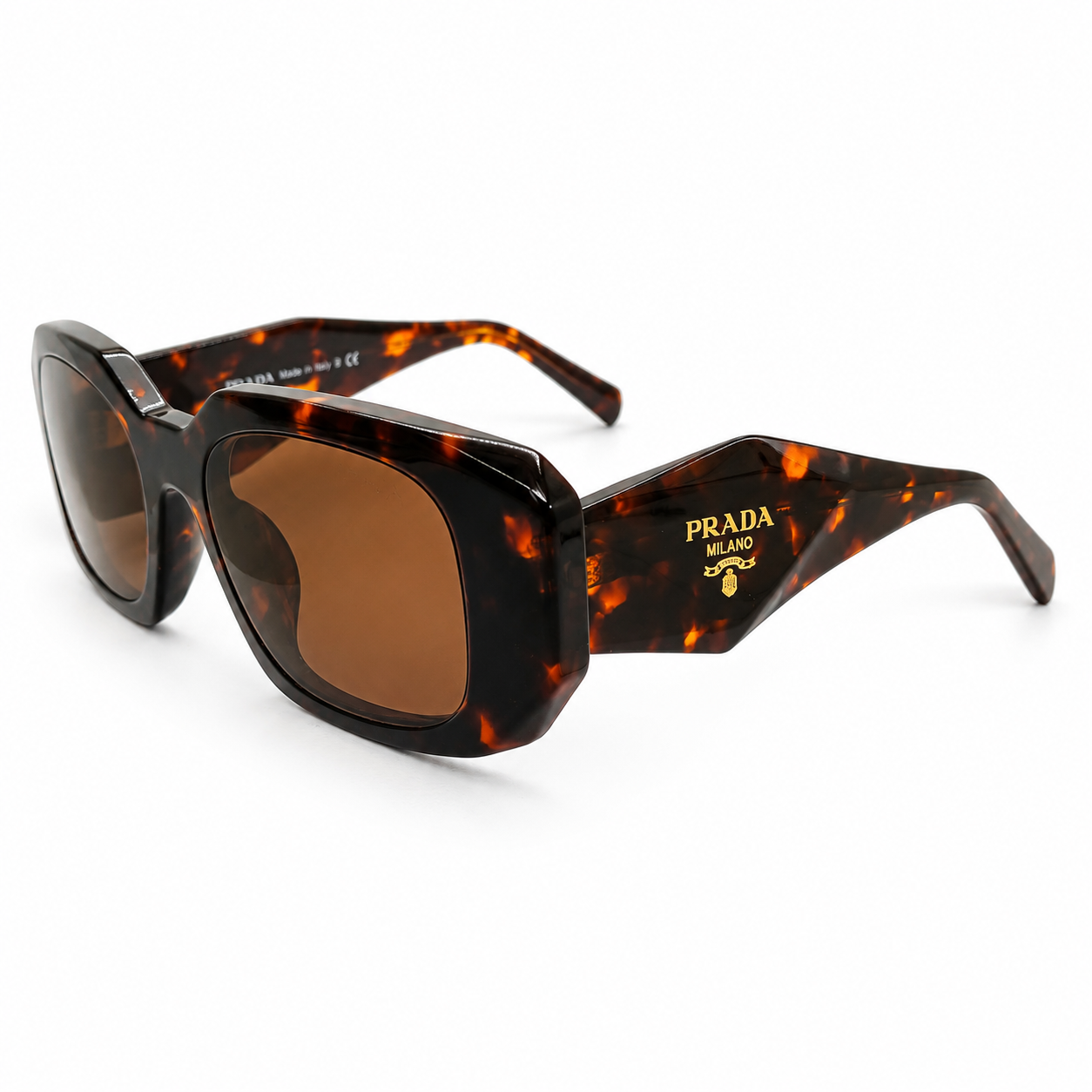 Prada 17WS Luxury Rectangle Sunglasses for Women – Premium Glossy Black Acetate with Bold Geometric Temples & Dark Grey UV400 Protection Lenses