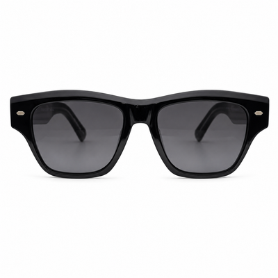 Oliver Peoples 5522 Luxury Square Sunglasses for Men – Premium Glossy Black Acetate with Silver Core-Wire Detailing & Dark Grey UV400 Protection Lenses
