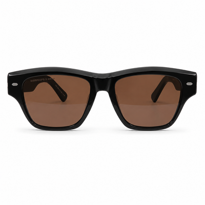 Oliver Peoples 5522 Luxury Square Sunglasses for Men – Premium Glossy Black Acetate with Silver Core-Wire Detailing & Rich Brown UV400 Protection Lenses