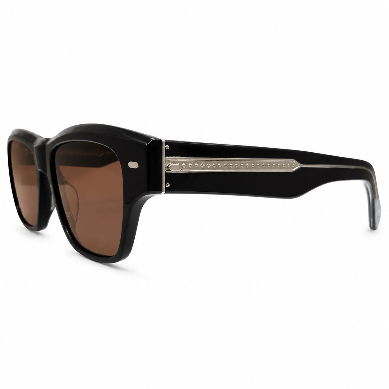 Oliver Peoples 5522 Luxury Square Sunglasses for Men – Premium Glossy Black Acetate with Silver Core-Wire Detailing & Rich Brown UV400 Protection Lenses