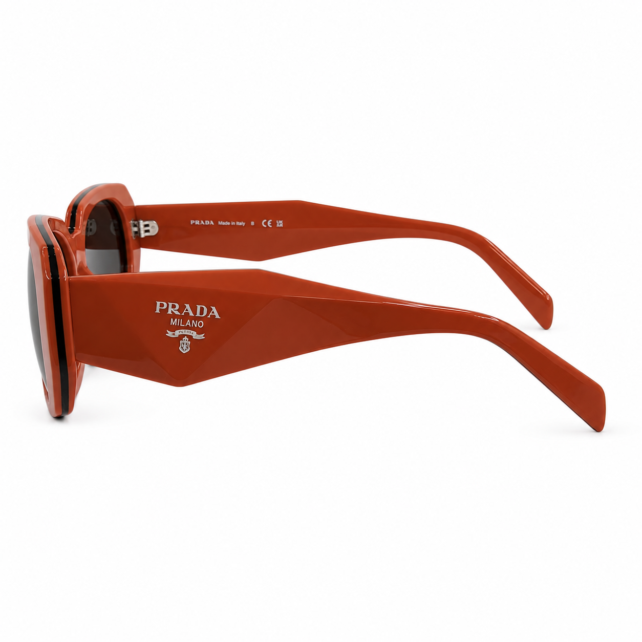 Prada 17WS Luxury Bold Rectangle Sunglasses – Glossy Burnt Orange Acetate with Black Trim, White Prada Milano Temple Branding & Dark Grey UV Protection Lenses