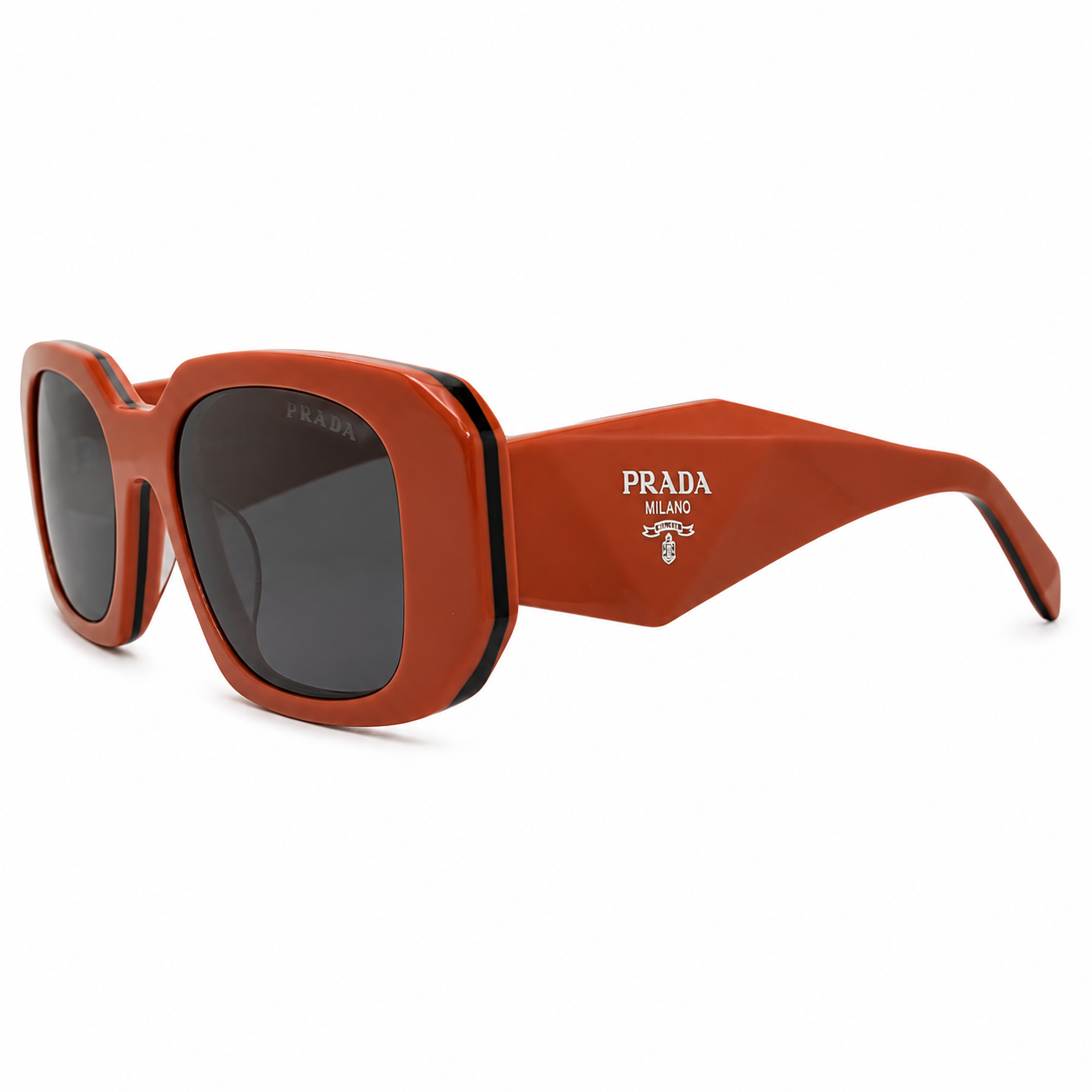 Prada 17WS Luxury Bold Rectangle Sunglasses – Glossy Burnt Orange Acetate with Black Trim, White Prada Milano Temple Branding & Dark Grey UV Protection Lenses
