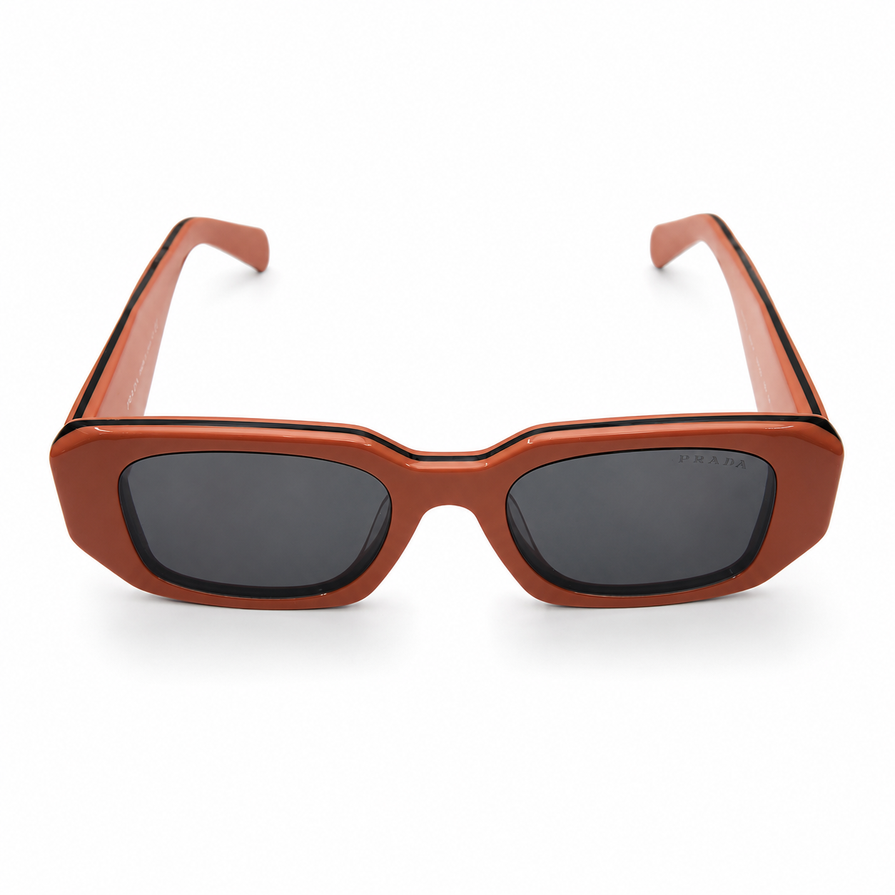 Prada 17WS Luxury Bold Rectangle Sunglasses – Glossy Burnt Orange Acetate with Black Trim, White Prada Milano Temple Branding & Dark Grey UV Protection Lenses