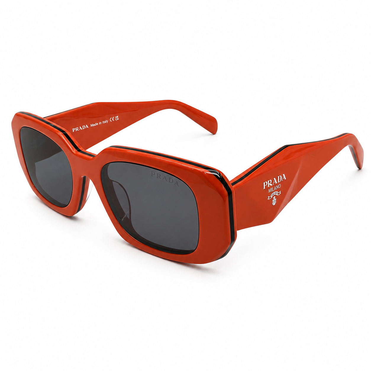 Prada 17WS Luxury Bold Rectangle Sunglasses – Glossy Burnt Orange Acetate with Black Trim, White Prada Milano Temple Branding & Dark Grey UV Protection Lenses