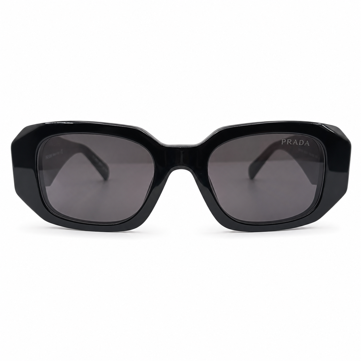 Prada 17WS Luxury Rectangle Sunglasses for Women – Premium Glossy Black Acetate with Bold Geometric Temples & Dark Grey UV400 Protection Lenses
