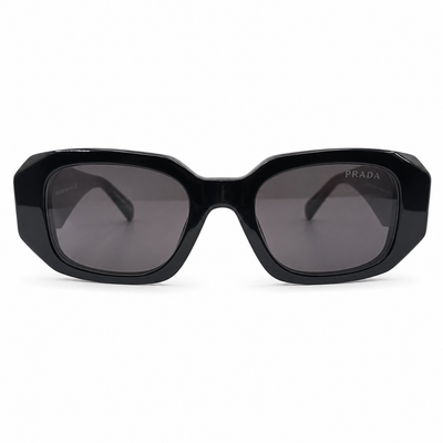 Prada 17WS Luxury Rectangle Sunglasses for Women – Premium Glossy Black Acetate with Bold Geometric Temples & Dark Grey UV400 Protection Lenses