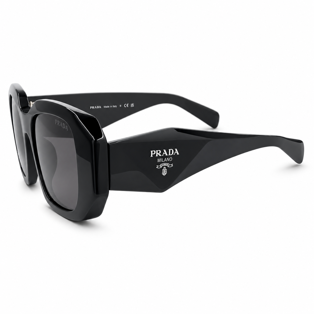Prada 17WS Luxury Rectangle Sunglasses for Women – Premium Glossy Black Acetate with Bold Geometric Temples & Dark Grey UV400 Protection Lenses