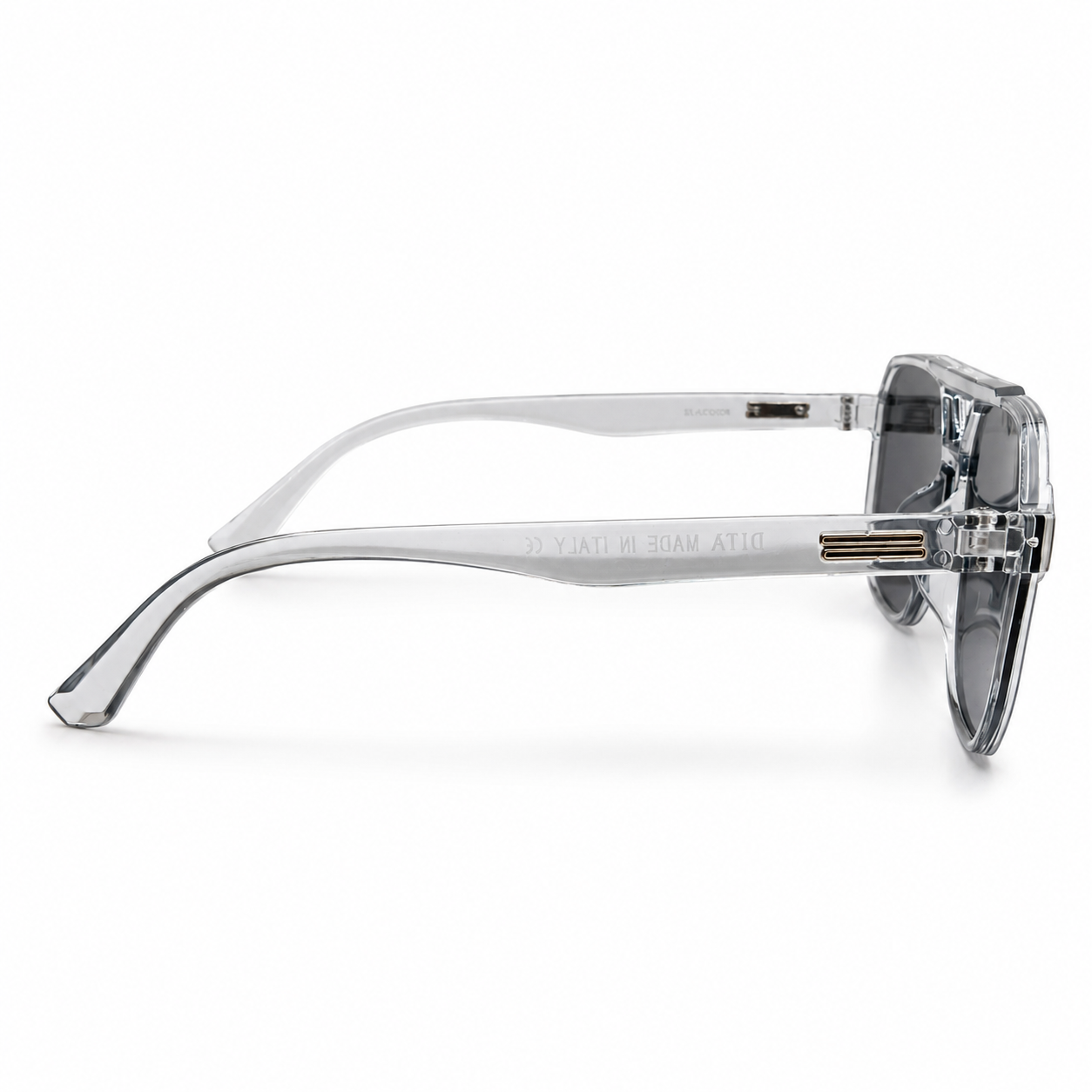 DITA 22058 Luxury Bold Aviator Sunglasses – Transparent Crystal Clear Acetate with Gold DITA Temple Detail & Dark Grey UV Protection Lenses