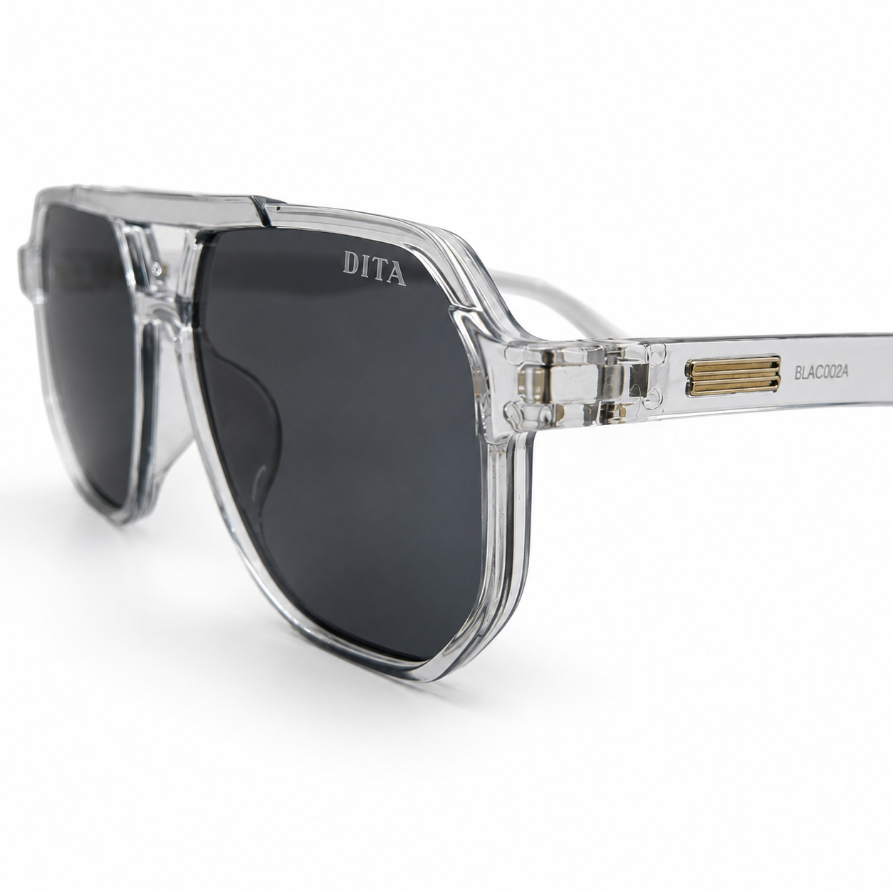 DITA 22058 Luxury Bold Aviator Sunglasses – Transparent Crystal Clear Acetate with Gold DITA Temple Detail & Dark Grey UV Protection Lenses