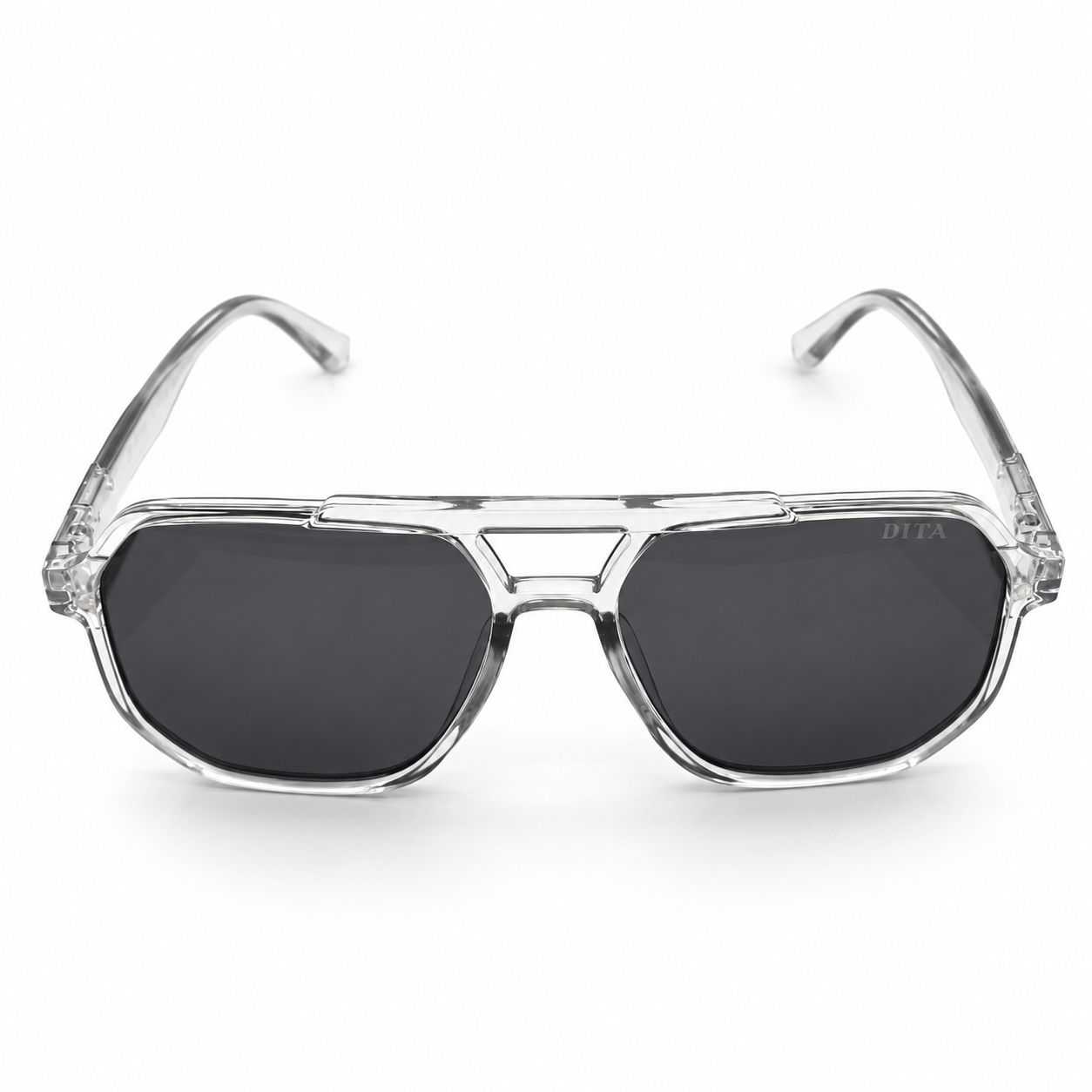 DITA 22058 Luxury Bold Aviator Sunglasses – Transparent Crystal Clear Acetate with Gold DITA Temple Detail & Dark Grey UV Protection Lenses