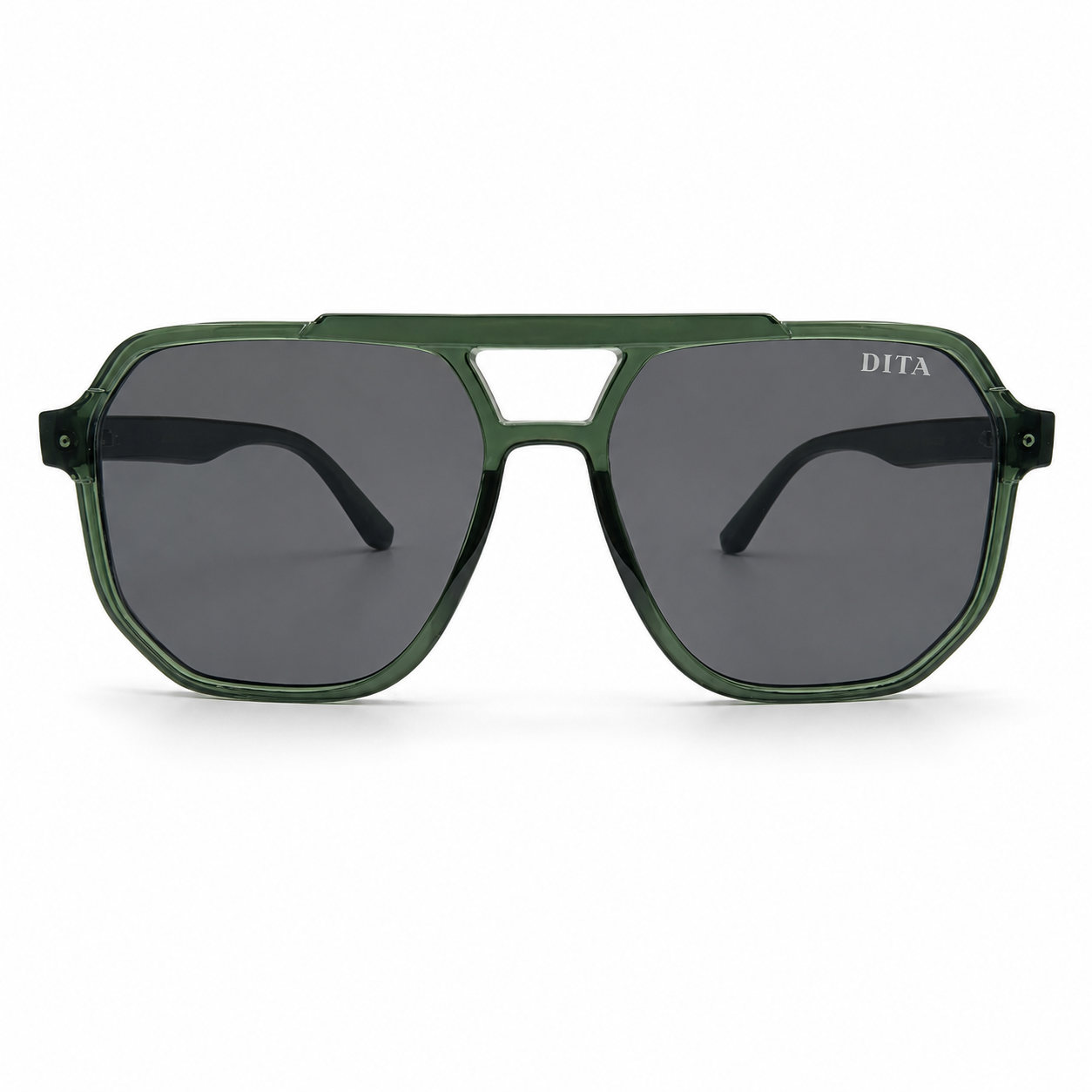 DITA 22058 Luxury Bold Aviator Sunglasses – Transparent Forest Green Acetate with Gold DITA Temple Detail & Dark Grey UV Protection Lenses
