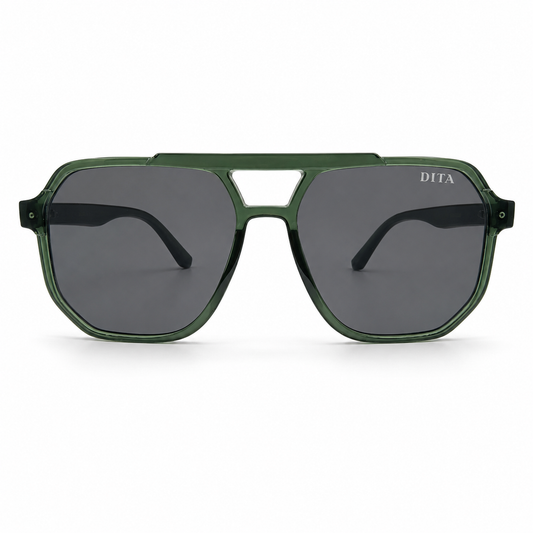 DITA 22058 Luxury Bold Aviator Sunglasses – Transparent Forest Green Acetate with Gold DITA Temple Detail & Dark Grey UV Protection Lenses