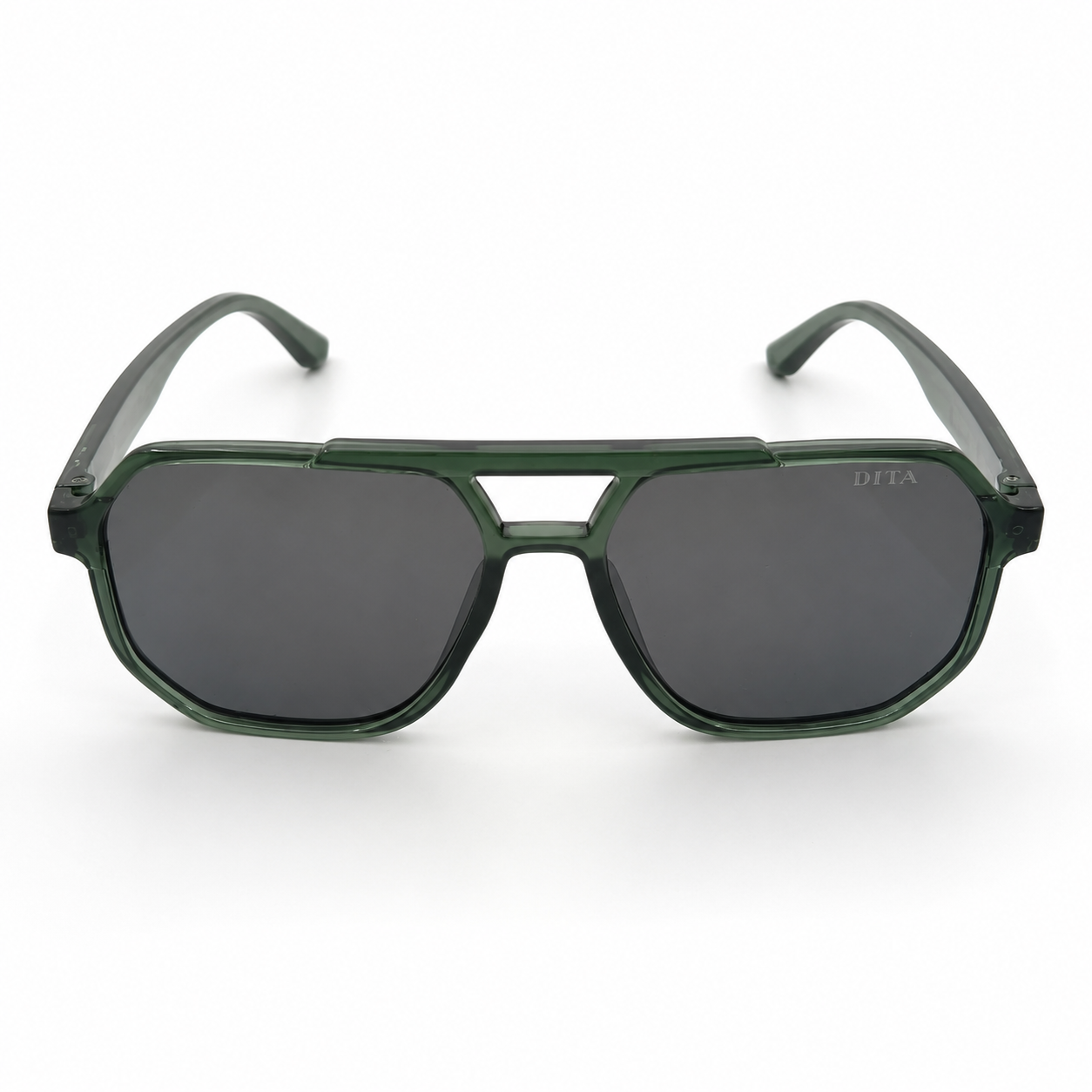 DITA 22058 Luxury Bold Aviator Sunglasses – Transparent Forest Green Acetate with Gold DITA Temple Detail & Dark Grey UV Protection Lenses