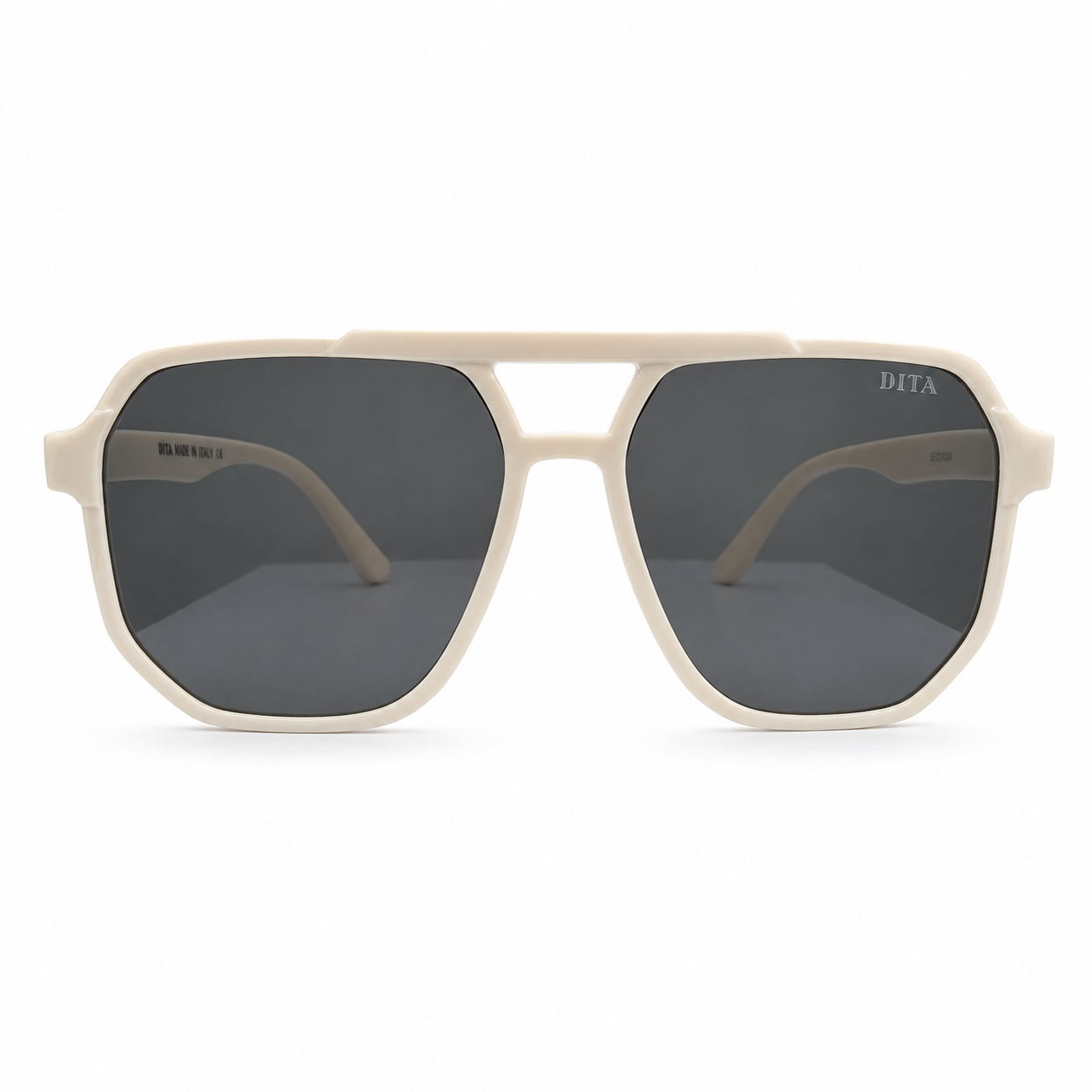 DITA 22058 Luxury Bold Aviator Sunglasses – Glossy Cream Acetate with Silver DITA Temple Detail & Dark Grey UV Protection Lenses
