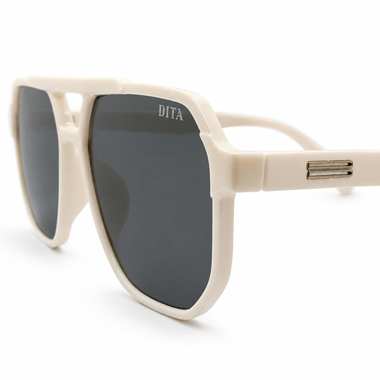 DITA 22058 Luxury Bold Aviator Sunglasses – Glossy Cream Acetate with Silver DITA Temple Detail & Dark Grey UV Protection Lenses