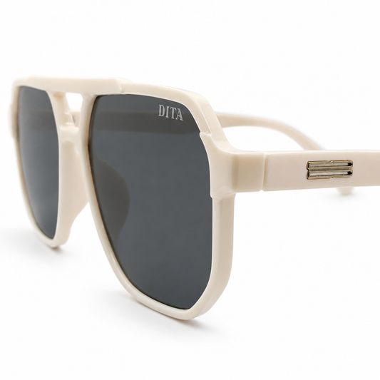 DITA 22058 Luxury Bold Aviator Sunglasses – Glossy Cream Acetate with Silver DITA Temple Detail & Dark Grey UV Protection Lenses