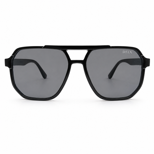 DITA 22058 Luxury Bold Aviator Sunglasses – Glossy Black Acetate with Gold DITA Temple Detail & Dark Grey UV Protection Lenses