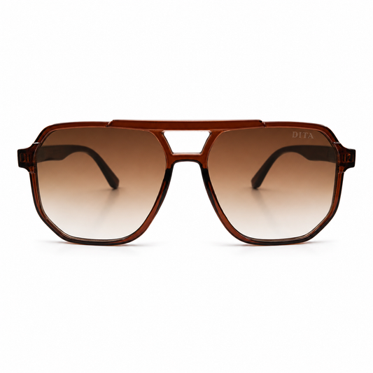 DITA 22058 Luxury Bold Aviator Sunglasses – Transparent Brown Acetate with Gold DITA Temple Detail & Brown Gradient UV Protection Lenses
