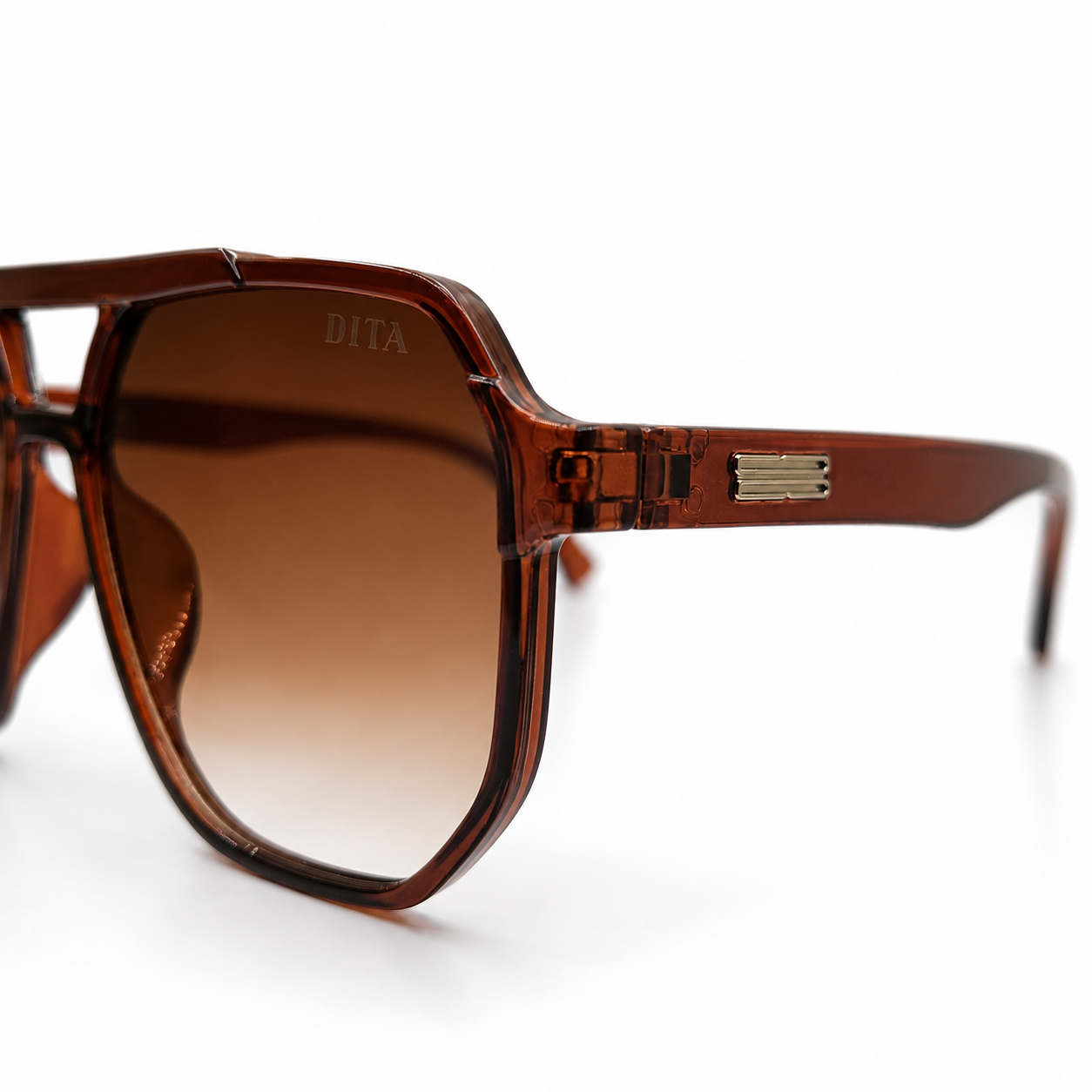 DITA 22058 Luxury Bold Aviator Sunglasses – Transparent Brown Acetate with Gold DITA Temple Detail & Brown Gradient UV Protection Lenses