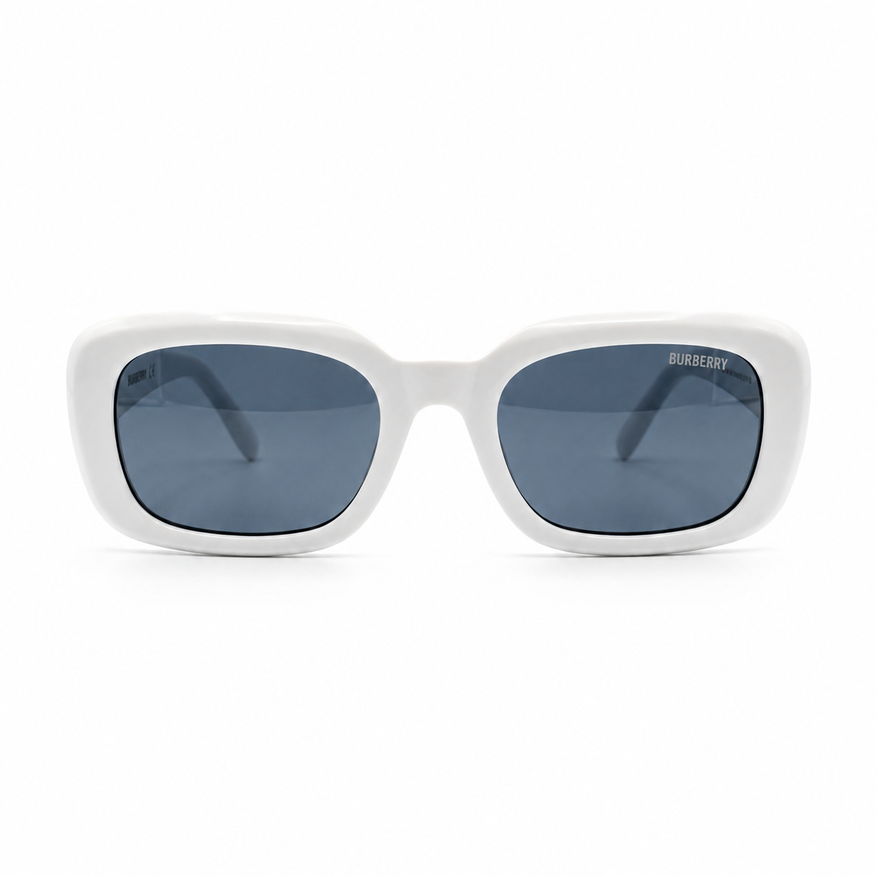 Burberry 3783 Luxury Bold Square Sunglasses – Glossy White Acetate with Silver Burberry Temple Branding & Dark Blue UV Protection Lenses