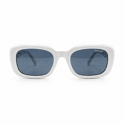 Burberry 3783 Luxury Bold Square Sunglasses – Glossy White Acetate with Silver Burberry Temple Branding & Dark Blue UV Protection Lenses