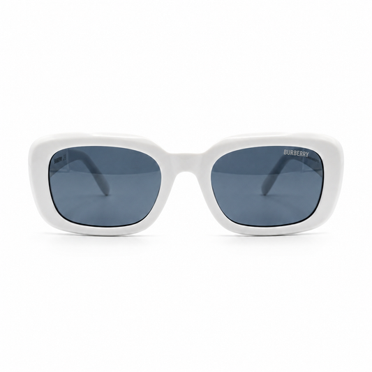 Burberry 3783 Luxury Bold Square Sunglasses – Glossy White Acetate with Silver Burberry Temple Branding & Dark Blue UV Protection Lenses