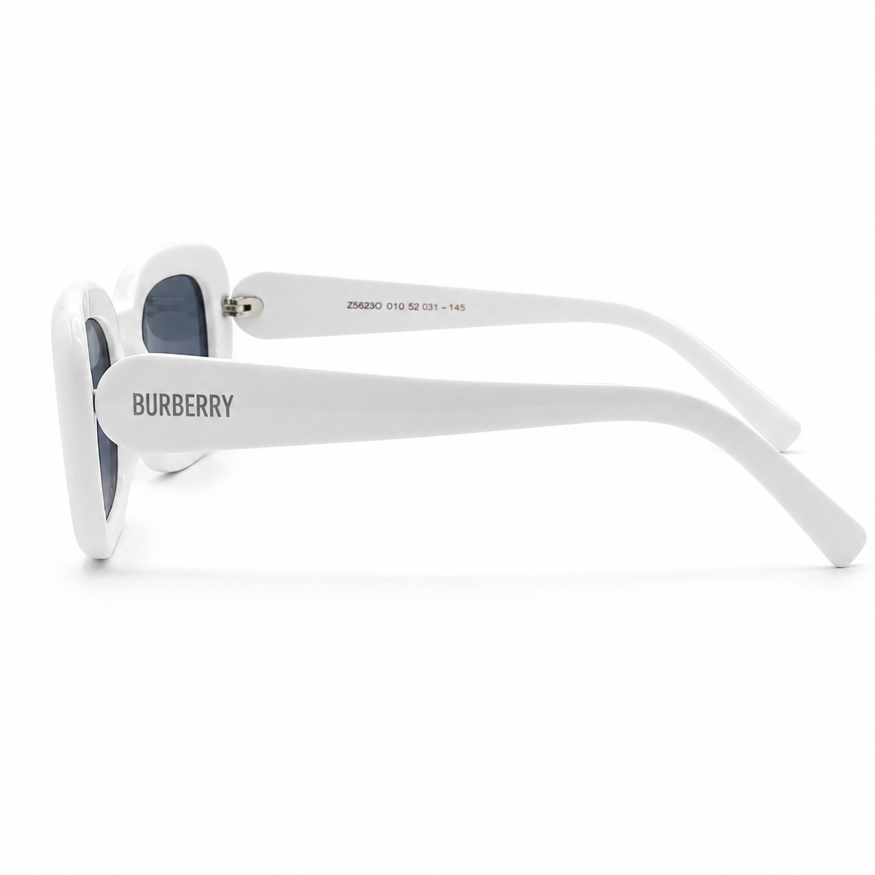 Burberry 3783 Luxury Bold Square Sunglasses – Glossy White Acetate with Silver Burberry Temple Branding & Dark Blue UV Protection Lenses
