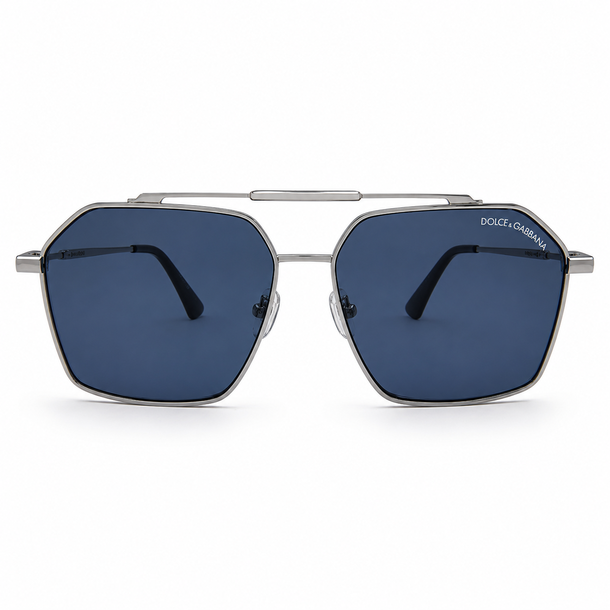 Dolce & Gabbana DG3271 Luxury Bold Geometric Navigator – Polished Silver Metal, Double Bridge & Deep Blue UV Protection Lenses