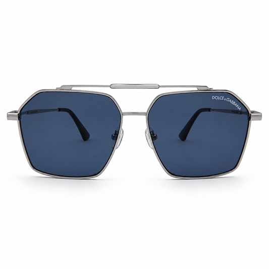 Dolce & Gabbana DG3271 Luxury Bold Geometric Navigator – Polished Silver Metal, Double Bridge & Deep Blue UV Protection Lenses