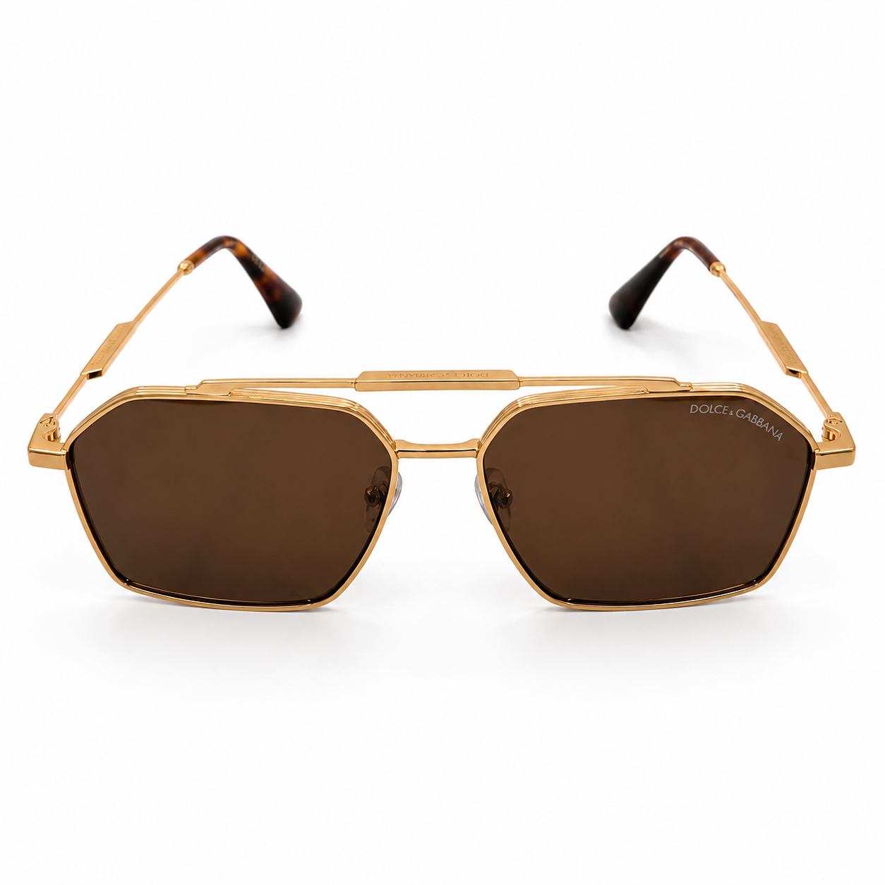 Dolce & Gabbana DG3271 Bold Geometric Navigator Sunglasses – Glossy Gold Metal, Double Bridge, Ribbed Detail & Dark Brown UV Protection Lenses