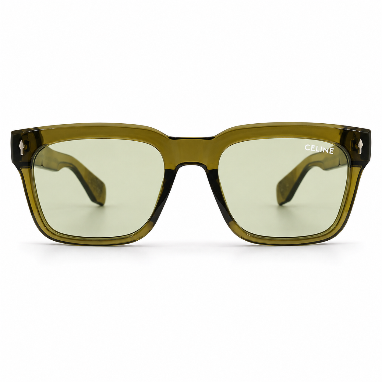 Celine 3831 Luxury Bold Square Sunglasses – Transparent Olive Green Acetate with Gold Celine Temple Branding & Light Green UV Protection Lenses