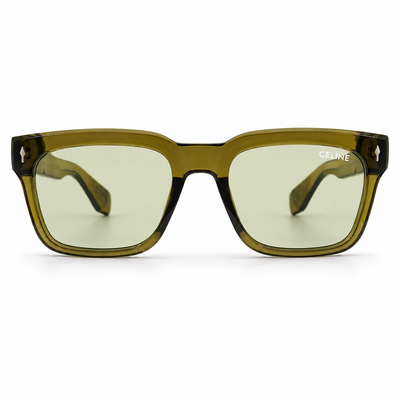 Celine 3831 Luxury Bold Square Sunglasses – Transparent Olive Green Acetate with Gold Celine Temple Branding & Light Green UV Protection Lenses