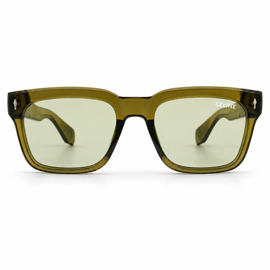 Celine 3831 Luxury Bold Square Sunglasses – Transparent Olive Green Acetate with Gold Celine Temple Branding & Light Green UV Protection Lenses