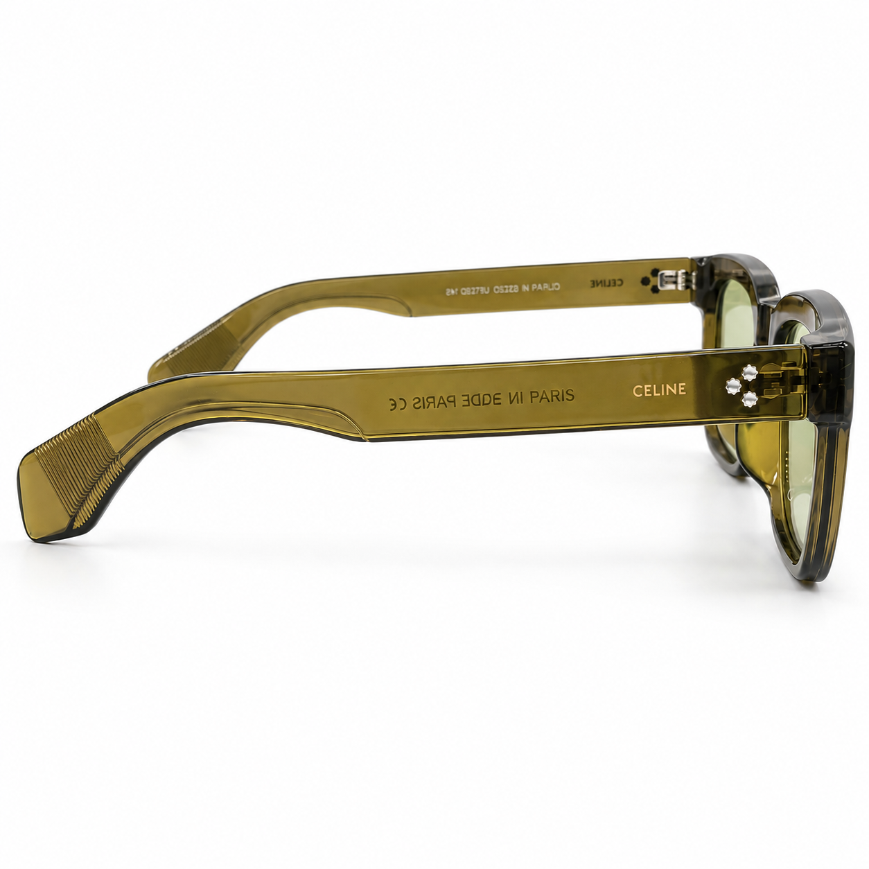 Celine 3831 Luxury Bold Square Sunglasses – Transparent Olive Green Acetate with Gold Celine Temple Branding & Light Green UV Protection Lenses