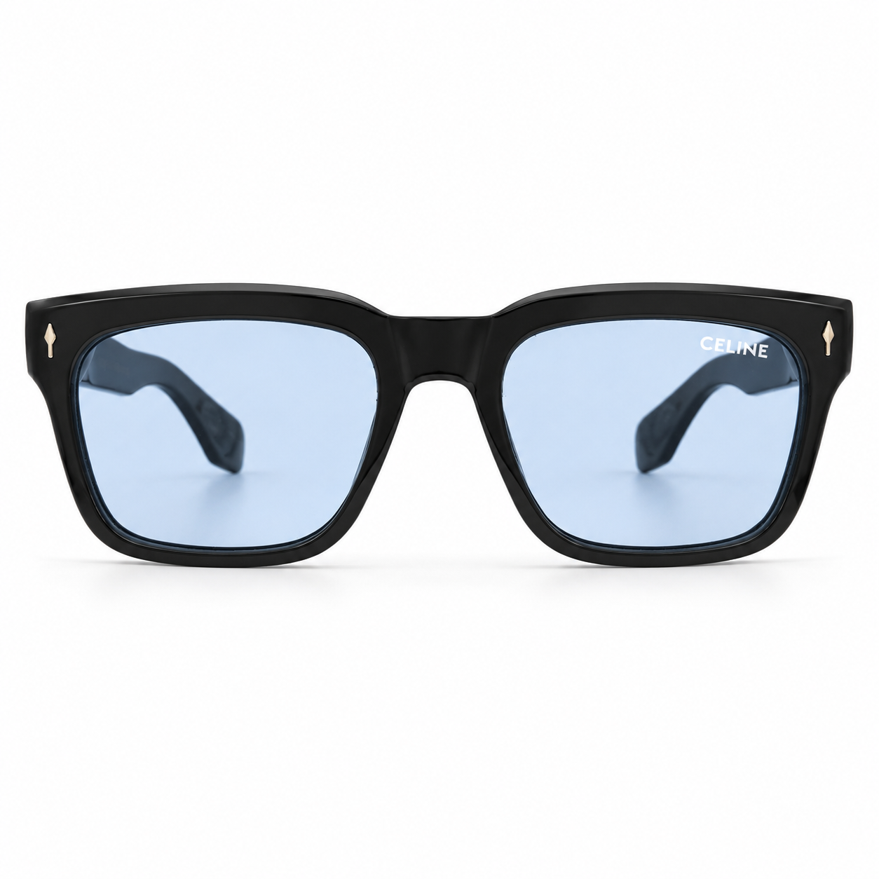 Celine 3831 Luxury Bold Square Sunglasses – Glossy Black Acetate with Gold Celine Temple Branding & Light Blue UV Protection Lenses