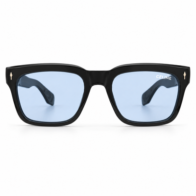 Celine 3831 Luxury Bold Square Sunglasses – Glossy Black Acetate with Gold Celine Temple Branding & Light Blue UV Protection Lenses
