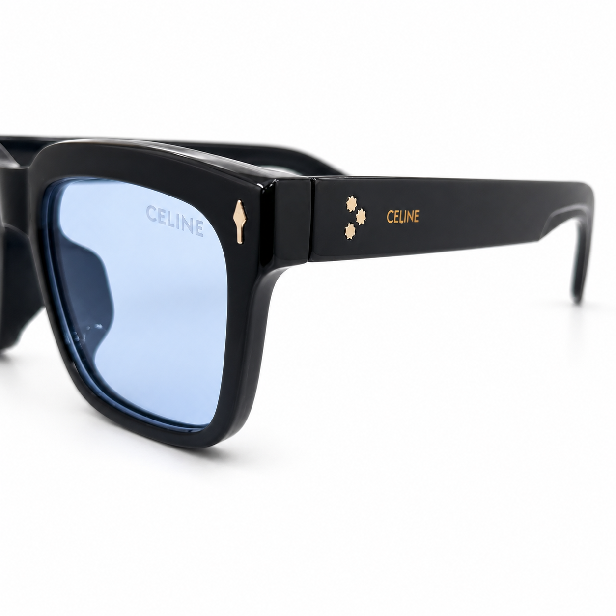 Celine 3831 Luxury Bold Square Sunglasses – Glossy Black Acetate with Gold Celine Temple Branding & Light Blue UV Protection Lenses