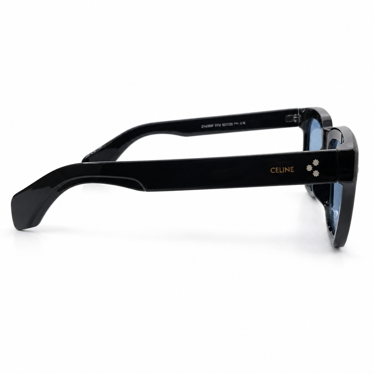 Celine 3831 Luxury Bold Square Sunglasses – Glossy Black Acetate with Gold Celine Temple Branding & Light Blue UV Protection Lenses