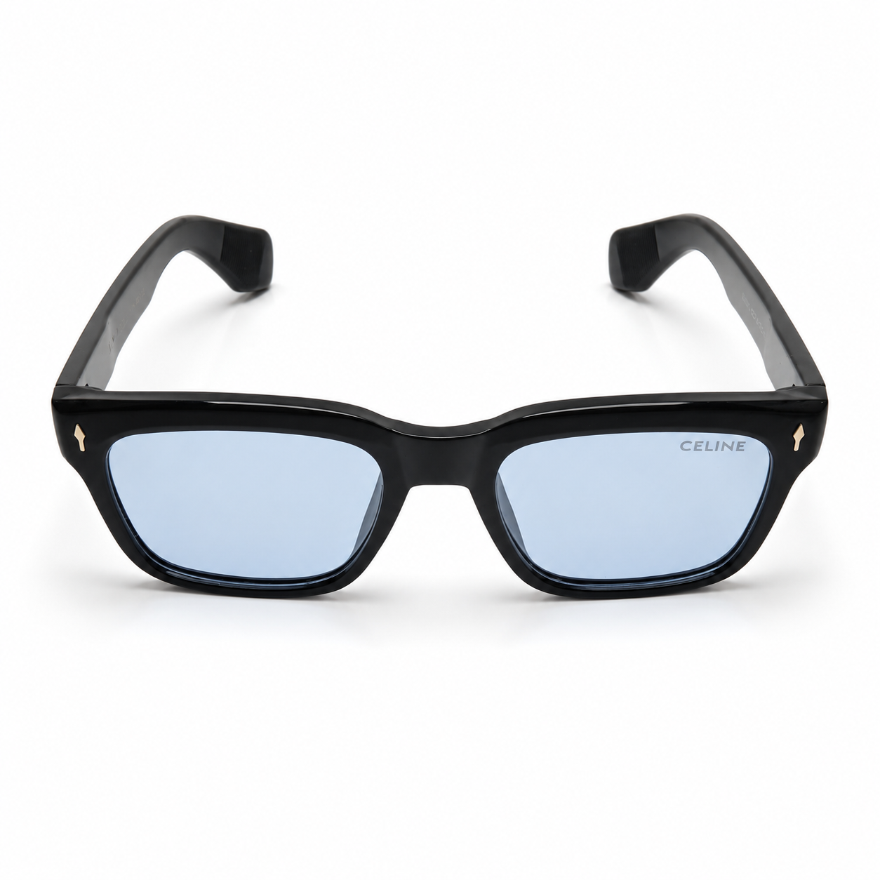 Celine 3831 Luxury Bold Square Sunglasses – Glossy Black Acetate with Gold Celine Temple Branding & Light Blue UV Protection Lenses