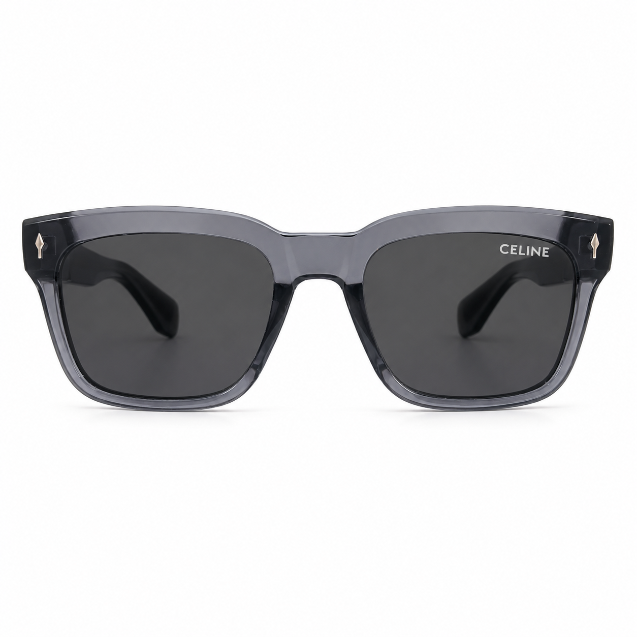 Celine 3831 Luxury Bold Square Sunglasses – Transparent Grey Acetate with Gold Celine Temple Branding & Dark Grey UV Protection Lenses